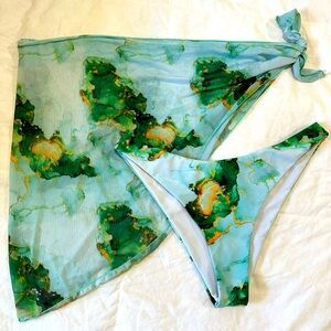 Green, blue, gold marble patterned bikini with skirt!